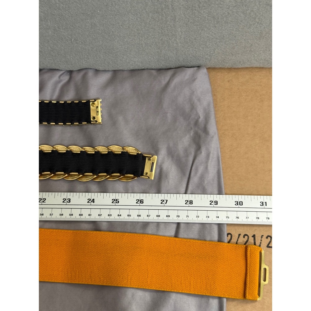 Vintage Gold Tone Metal Coin Scale Link and‎ Mustard Yellow Elastic Belt Set 3pc - Picture 6 of 16